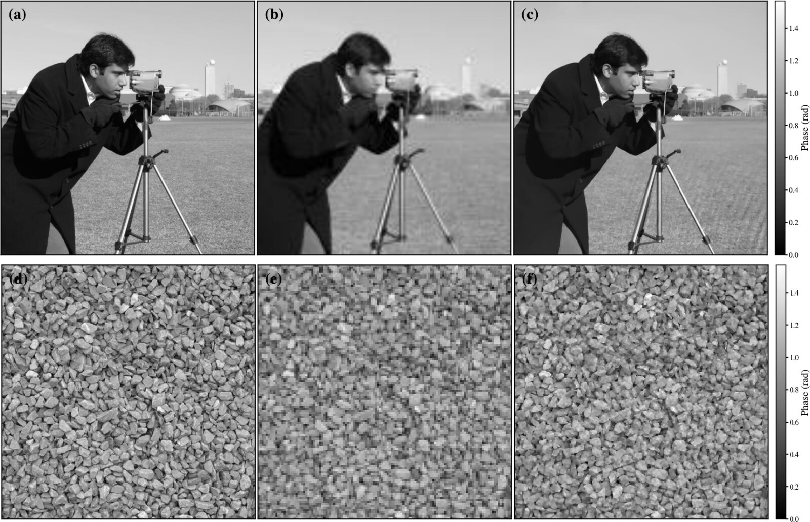 Cameraman and gravel phase images: ground truth, binned low-resolution image, and SCAR-PSR reconstruction.