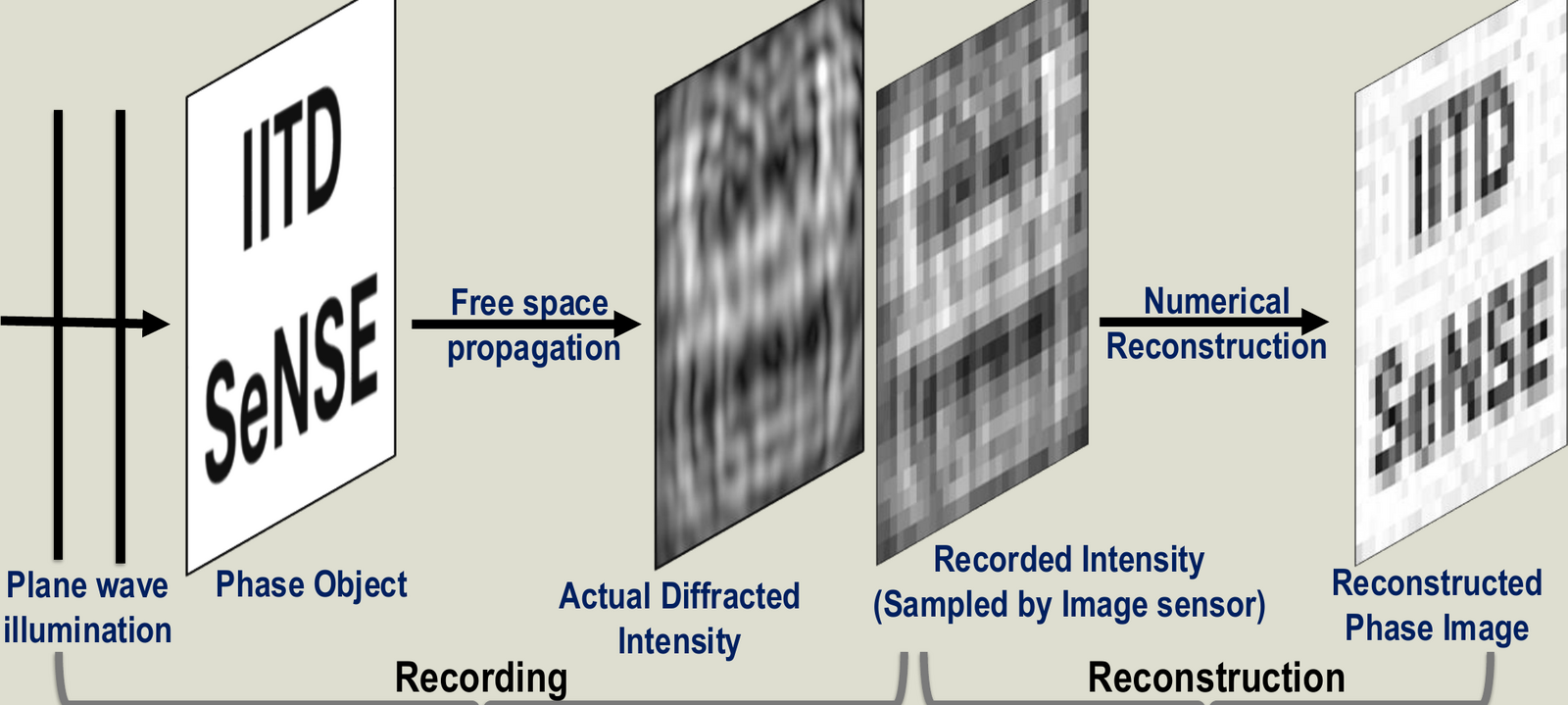 Plane wave illuminates a phase object; free-space propagation gives the actual diffracted intensity; the image sensor records a pixel-sampled intensity; numerical reconstruction gives the phase image.