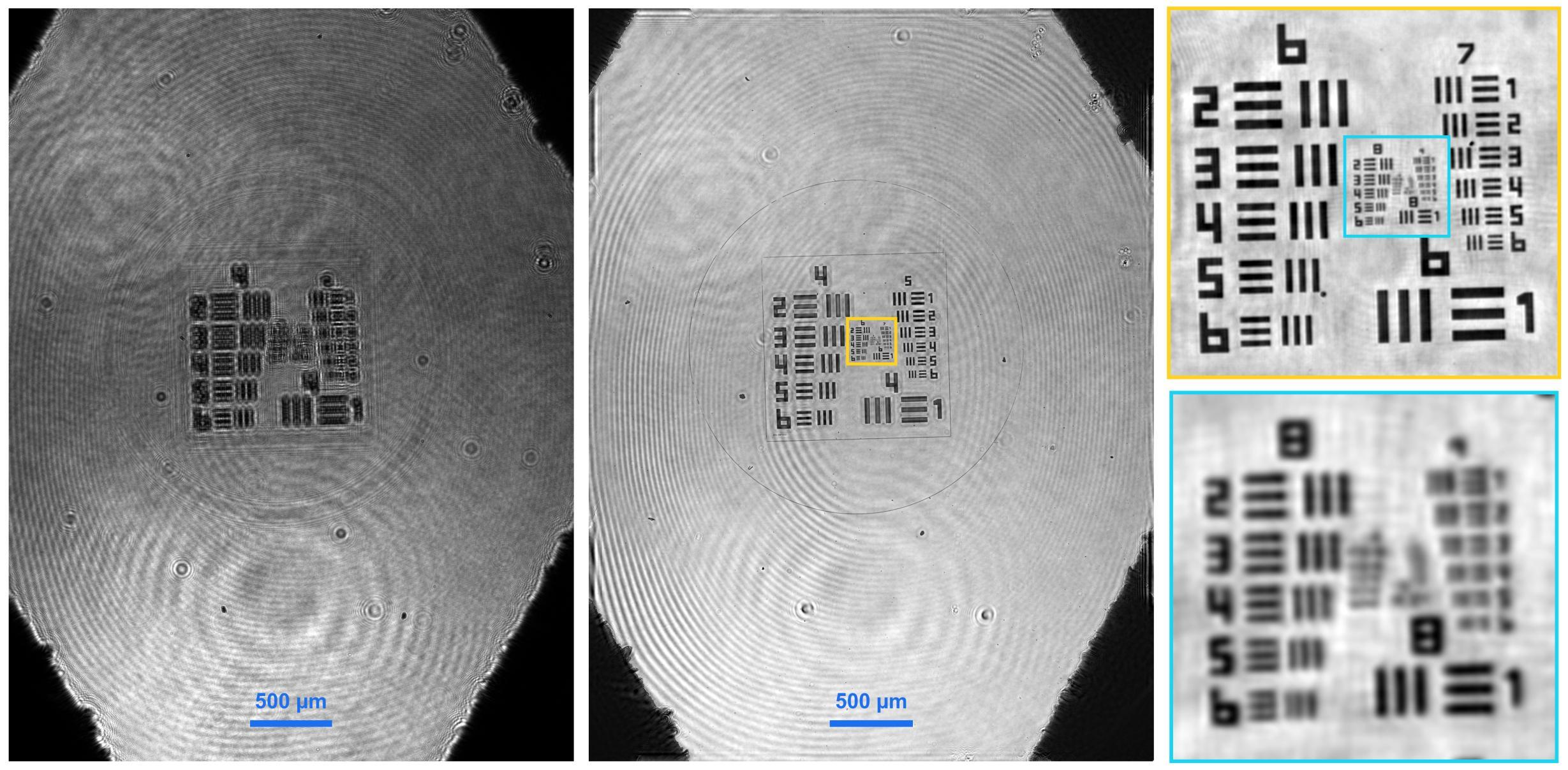 USAF 1951 chart: recorded hologram and reconstructed image with 500 micrometre scale bars, and two magnified insets.